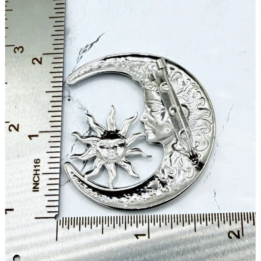 Sun and Moon Face Brooch Silver Tone Celestial Crescent Pin 2